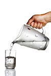 hand pouring water from jug to glass against white background