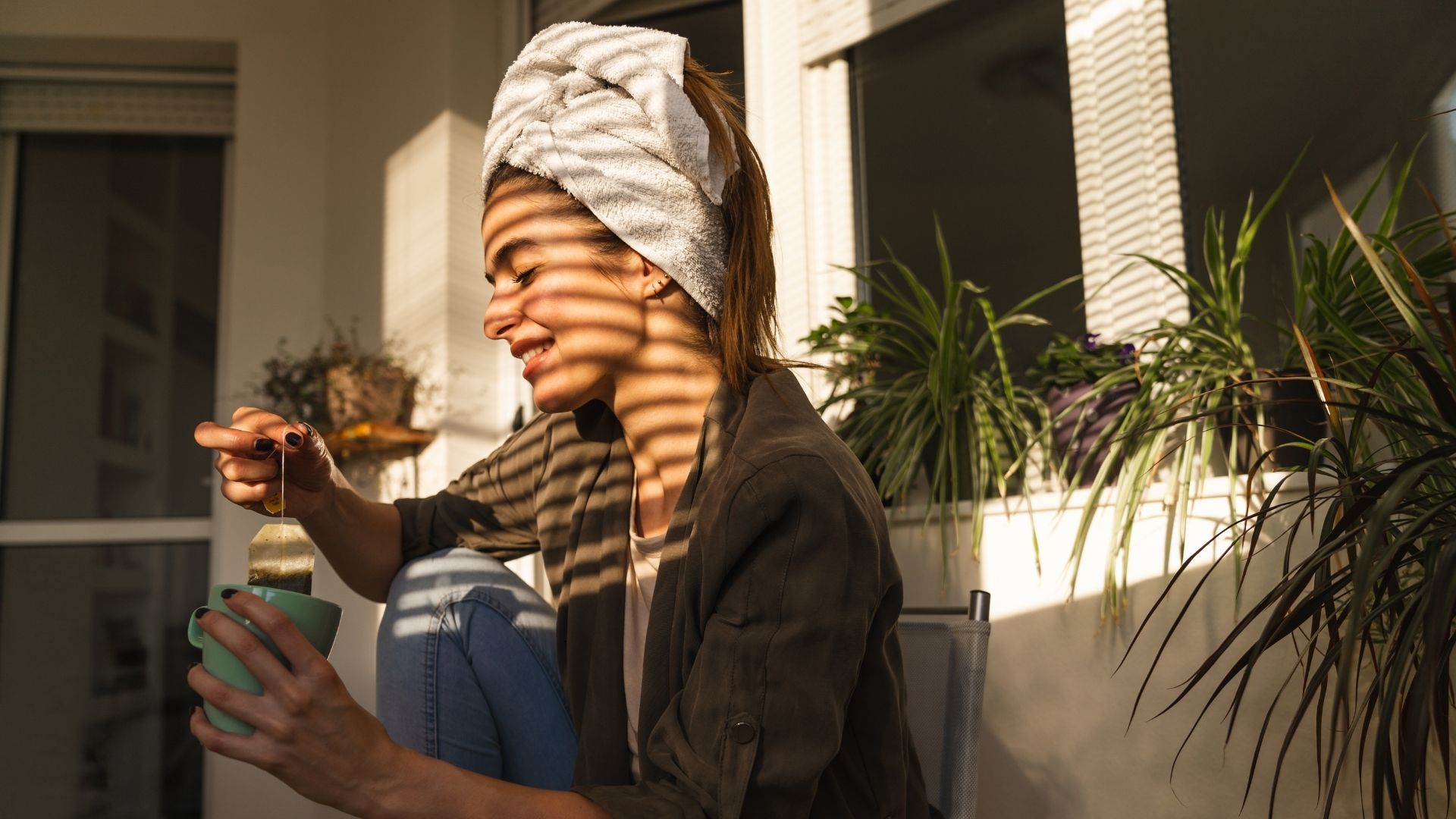 woman winding down with tea